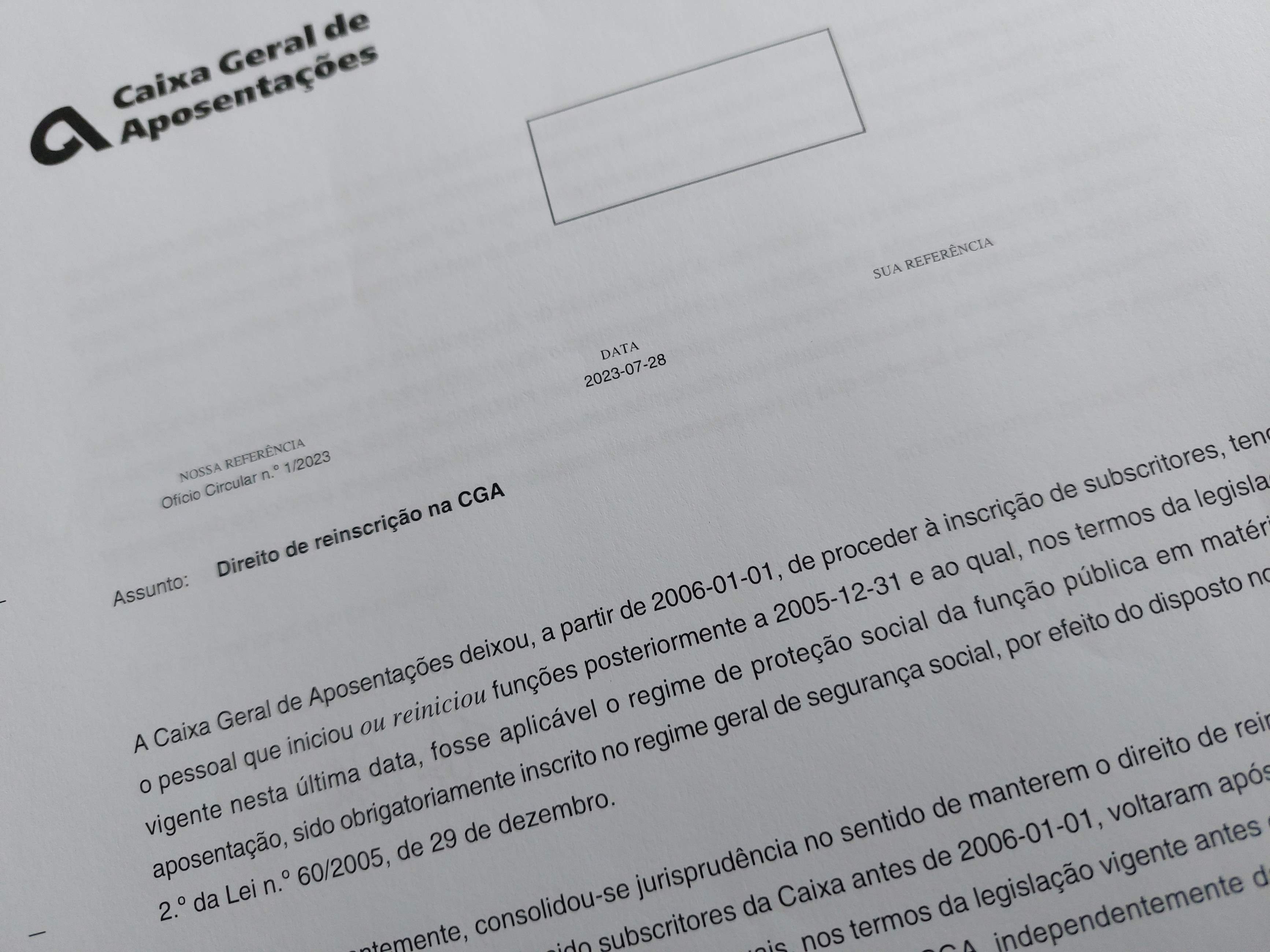 Caixa Geral de Aposentações garante o direito de reinscrição na CGA